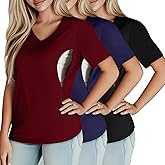 Huukeay 3 Pack Women's Maternity Nursing Tops, Hidden Zippers Breastfeeding Clothes V Neck Short Sleeve Pregnancy Shirts Tees