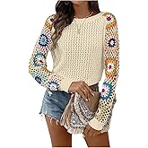 MAKEMECHIC Women's Floral Crochet Sweaters Long Sleeve Hollow Out Knit Vacation Tops
