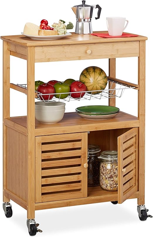 Relaxdays Bamboo Kitchen Trolley, Worktop, & Basket, Serving
