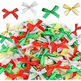 50Pcs 1Inch Christmas Mini Ribbon Bows for Crafts Gift Wrapping, Small Tiny Premade Bow Decor for Women Hair Party Treats Gift Bags Xmas Stocking, Ribbon Bow for Valentine New Year Thanksgiving