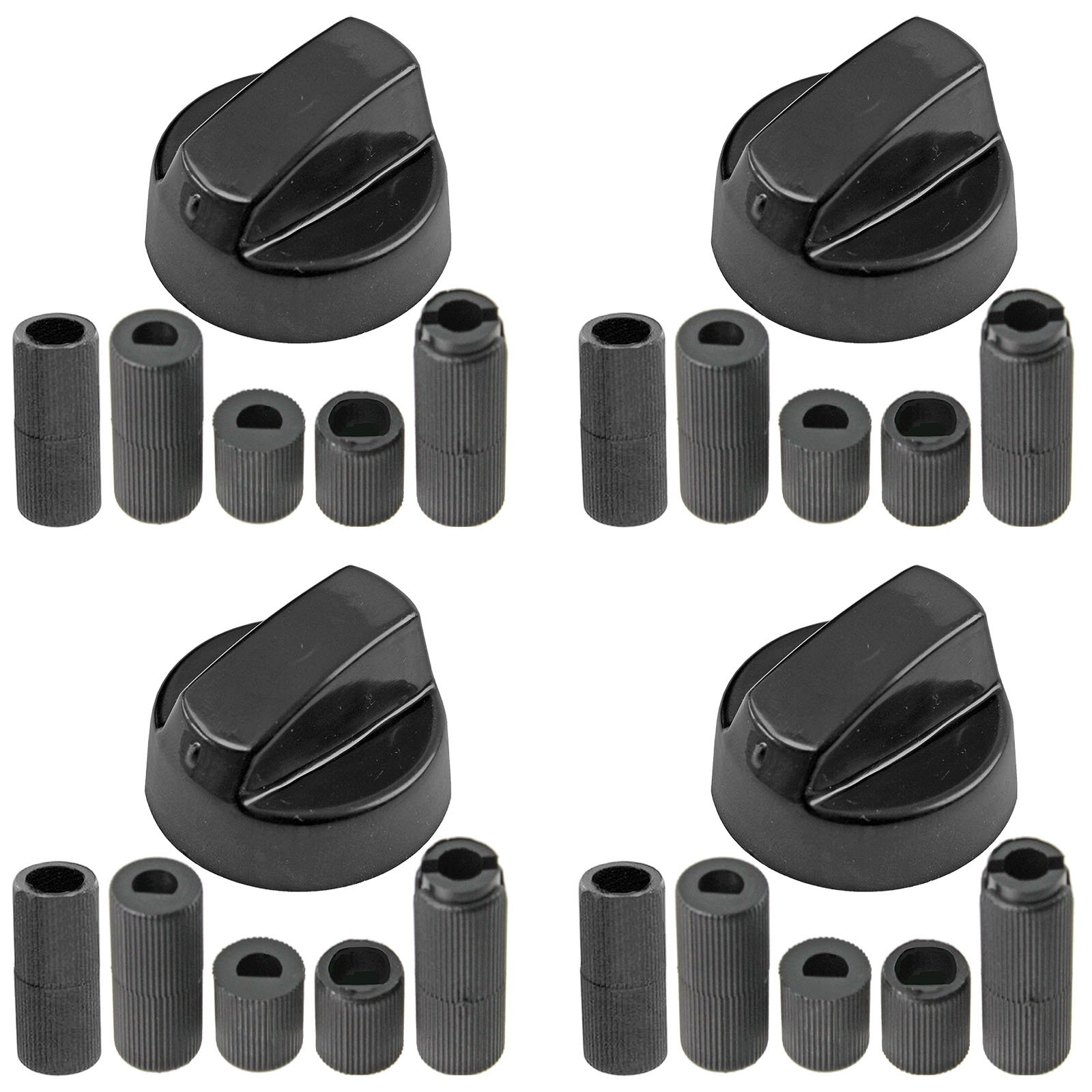 SPARES2GO Control Knobs Dials for BBQ Grill Smoker Pizza Oven Gas Bottle (Pack of 4 + Adaptors, Black)