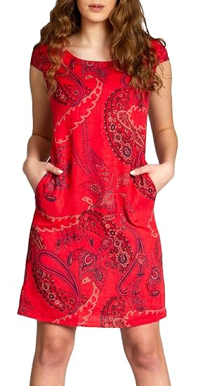 Caspar SKL022 knielanges Damen Sommer Leinenkleid mit Paisley Print bis Größe 50