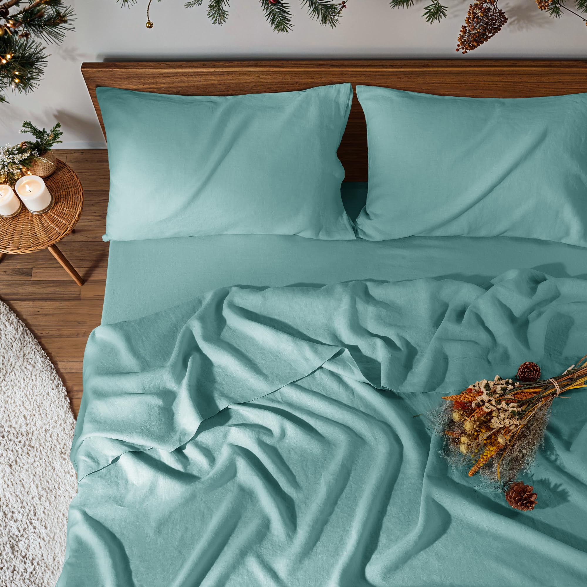 Photo 1 of 100% Pure Linen Sheet Set Breathable Natural Linen Sheets 4pcs Queen Size, Bedding Set Deep Pocket Up to 16" Moisture-Wicking Softens with Every Wash, Relaxed Texture (Aqua Queen)