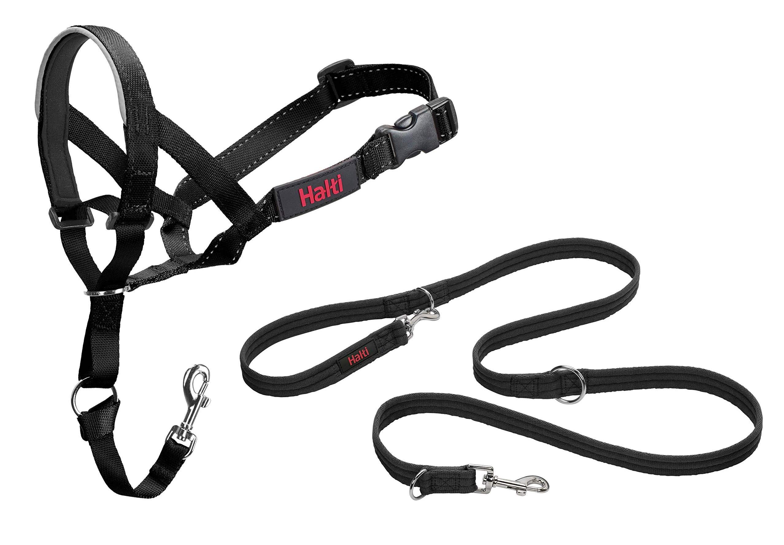 HALTI Headcollar Size 3, Black & HALTI Training Leash Size Large, Black Combination Pack - Stop Your Dog Pulling on the Leash. Adjustable, Lightweight with Padded Nose Band. Suitable for Medium Dogs