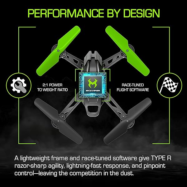 SKY VIPER TYPE-R RACING RC DRONE, SPEEDS OVER 30 MPH, 1-TOUCH STUNTS, RECHARGEABLE BATTERY