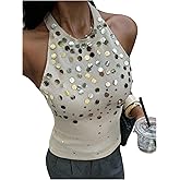 Verdusa Women's Y2K Sparkly Sequin Halter Top Open Back Sleeveless Night Out Fitted Tops