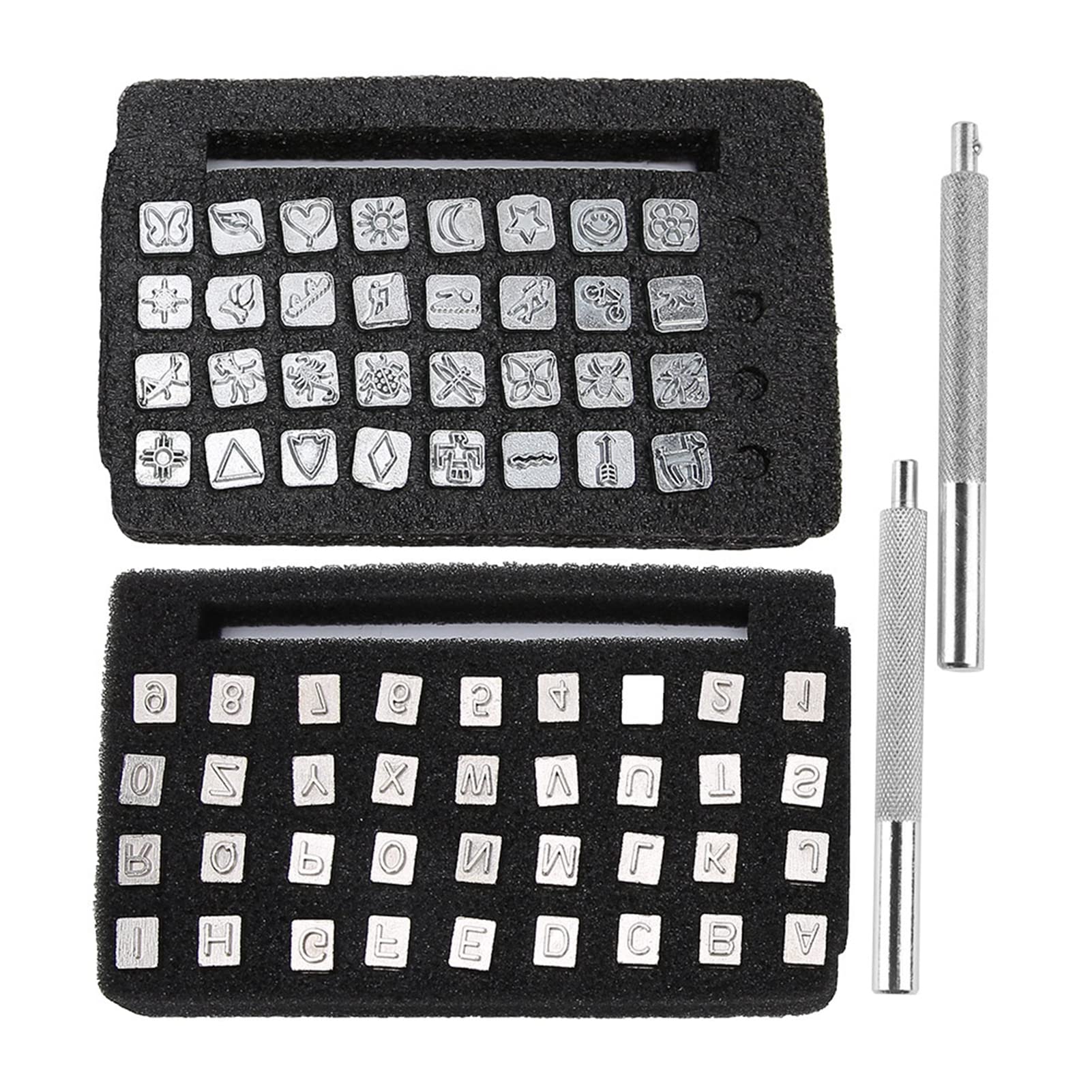 Jeanoko Leather Alphabet Stamps Set, 68 Pieces Craft Printing Carving Tool Kit 6mm Punch with 2 Handles for Leather Crafts Artsupplies