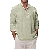 VANCOOG Cotton Linen Shirts for Men Lightweight Casual Long Sleeve Henley Beach Hawaiian Tops