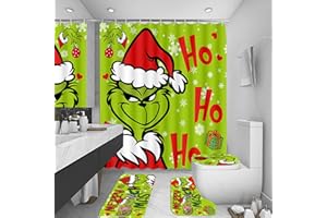 FCBZDQ 4Pcs Merry Christmas Shower Curtain Sets with Non-Slip Rugs, Toilet Lid Cover and Bath Mat, Xmas Winter Holiday Bathroom Decor with 12 Hooks 72 x 72 Inch