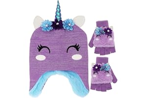 NEWFANCY Little Girls Winter Unicorn Beanie Hat and Gloves Set Kids Knitted Earflap Cap Flip Top Mitten Set