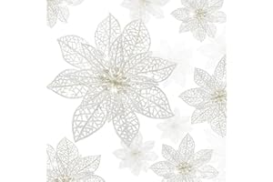 Boao 24 Pieces Christmas Poinsettia Tree Ornament Artificial Flowers Christmas Decoration Glitter Ornament, 3/4/6 Inches(White)