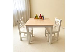 PETIT BATEAU Solid Wood Kids Table and 2 Chairs Set,Montessori Modern AMMEHOELA Irish Designer for 2-8 Years Toddler,SereneWhite Gift