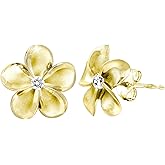 Honolulu Jewelry Company 14K Yellow Gold Plated Sterling Silver Plumeria Flower Nature Stud Earrings with CZ, 12mm