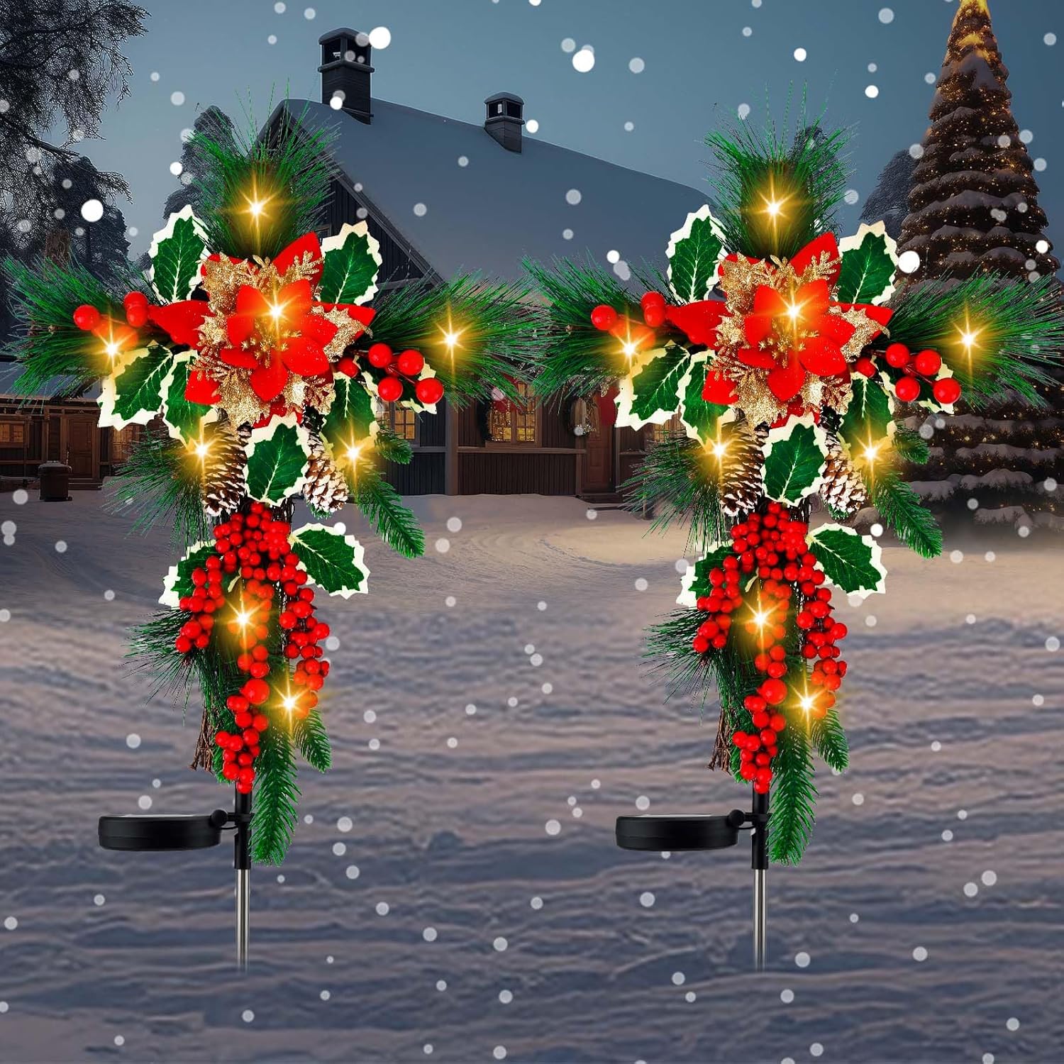 Decorative Garden Stakes - DONSAJI 2 Pack Solar Christmas Decorations Outdoor Light, Xmas Cross Stake with 20LEDs, Grave Decorations for Cemetery Pinecones Red Berries and Foliage Ornament for Garden Yard Lawn (Flower)