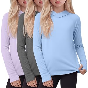 Yooo's Vivi 3 Pack Girls Hooded Sweatshirts | Girls' Athletic Hoodies, Long Sleeve, Thumb Holes, Lightweight, Pullover Tops,
