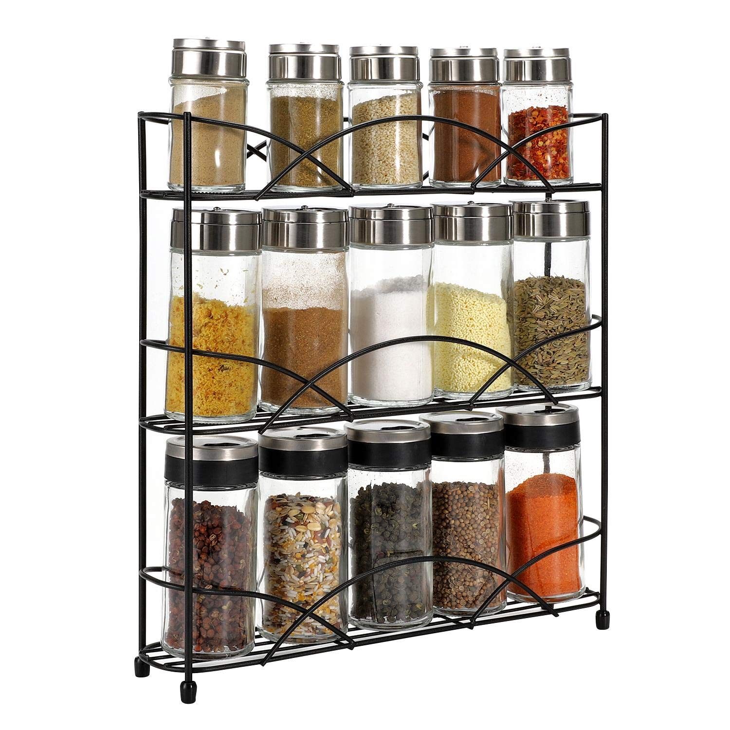 Vinsani 3-Tier Spice Rack – Freestanding Kitchen Shelf Organiser for Herbs, Spices, Jars & Bottles – Space-Saving Countertop & Cabinet Storage, Chrome-Plated Iron - Black