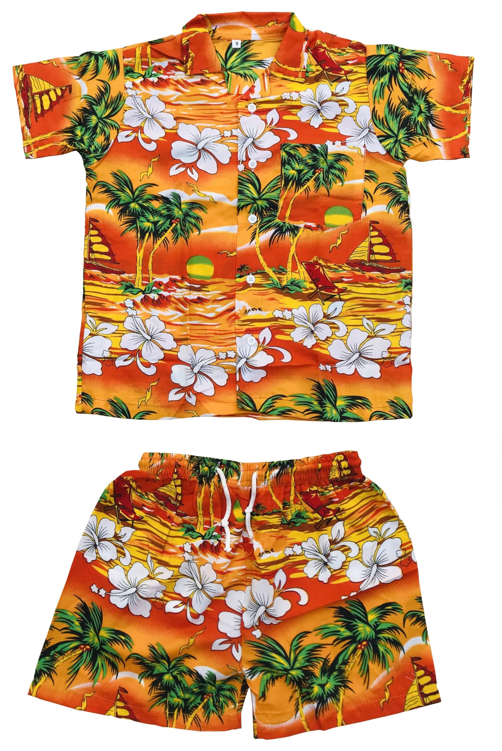 CLUB CUBANA Kids Boys Girls Childrens Slim Fit Classic Short Sleeve Casual Floral Hawaiian Shirts and Shorts Set (Age 1) Orange