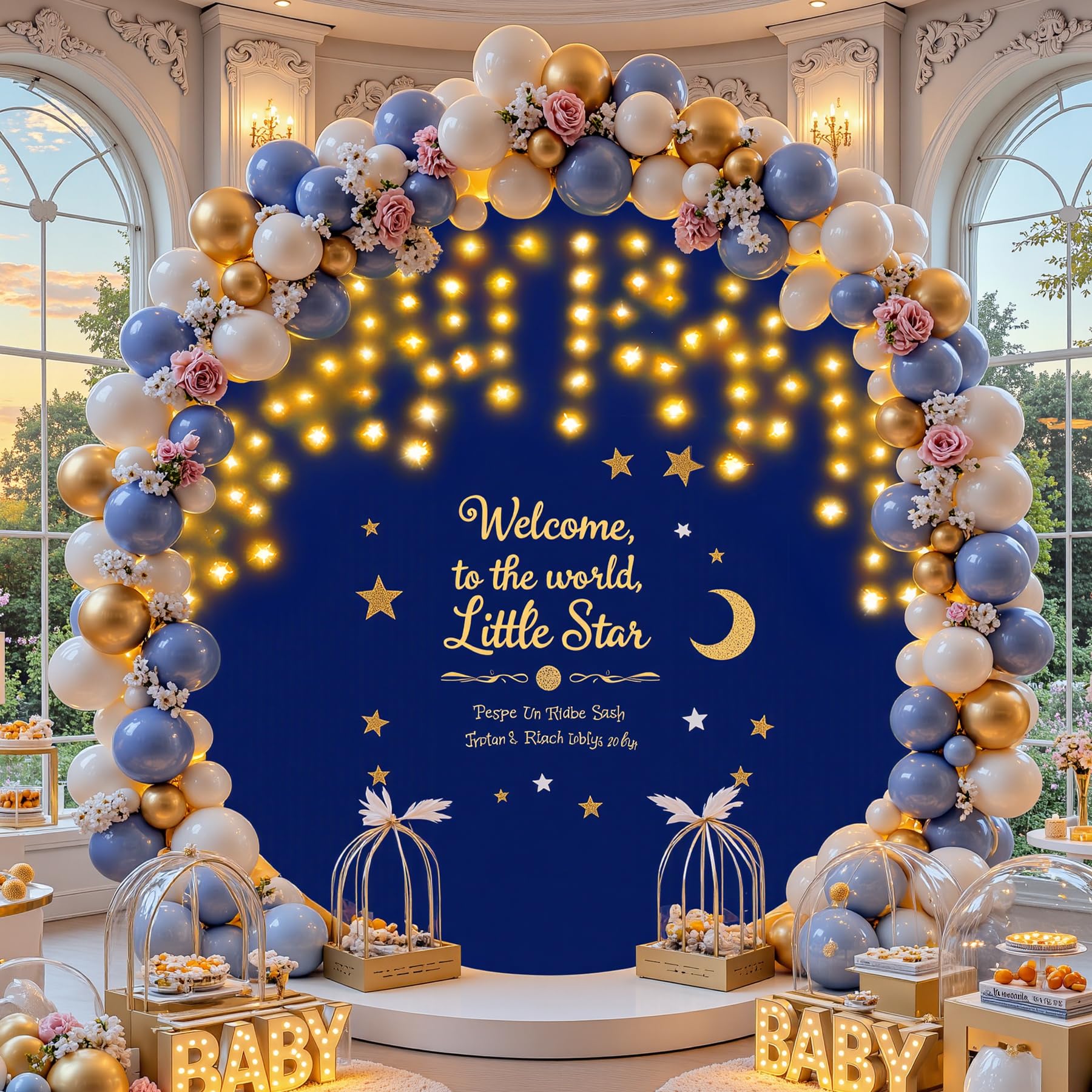 Photo 1 of 6.6 FT Navy Blue Round Backdrop Cover with Lights String for Circle Arch Stand Circle Backdrop Covers with LED Fairy Lights for Wedding Arch Baby Shower Birthday Party Photo Photography Background