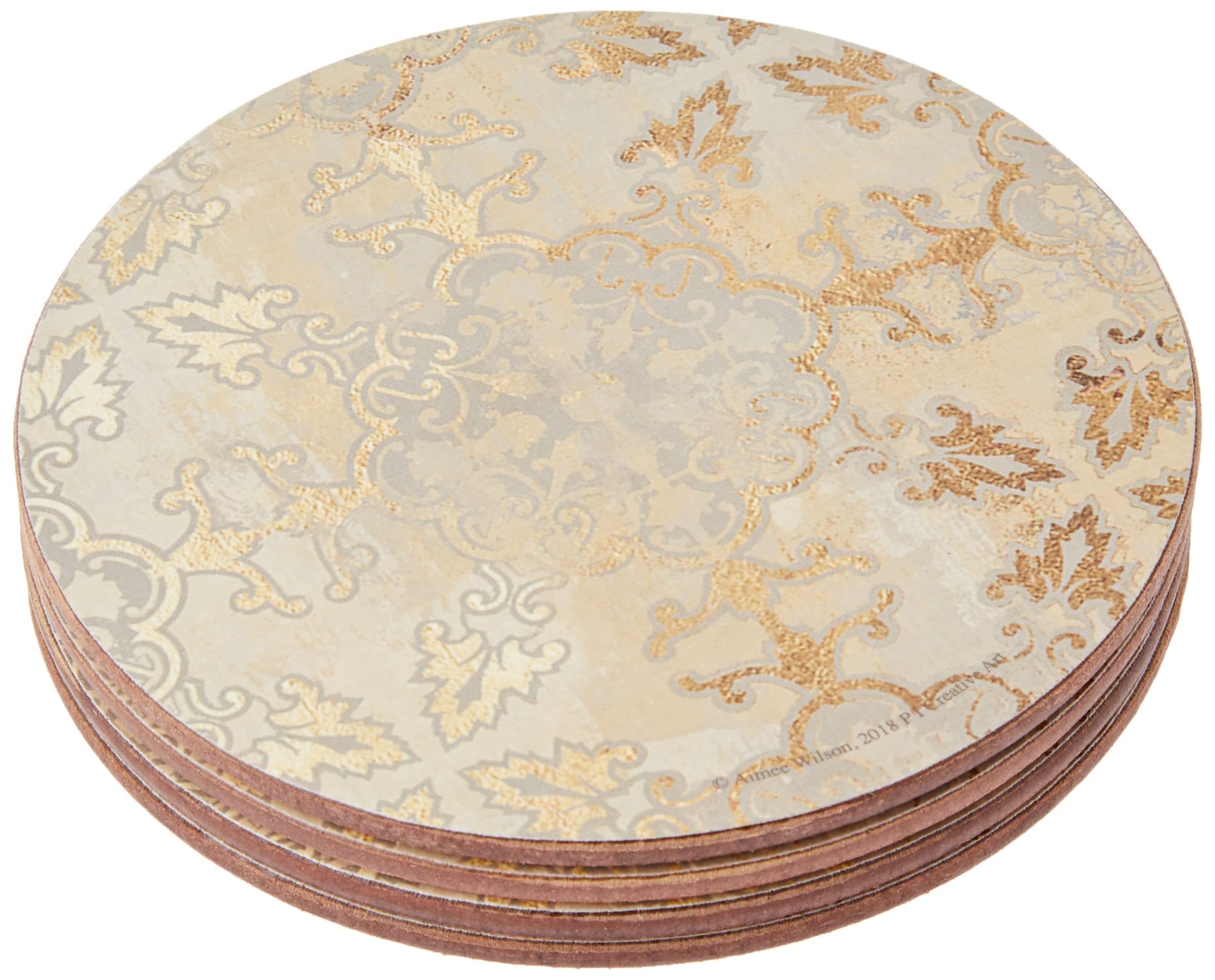 Creative Tops Cork Backed Coasters Set with Printed 'Gold Impressions' Design, Round, Gold / Grey, 12 cm, Set of 4