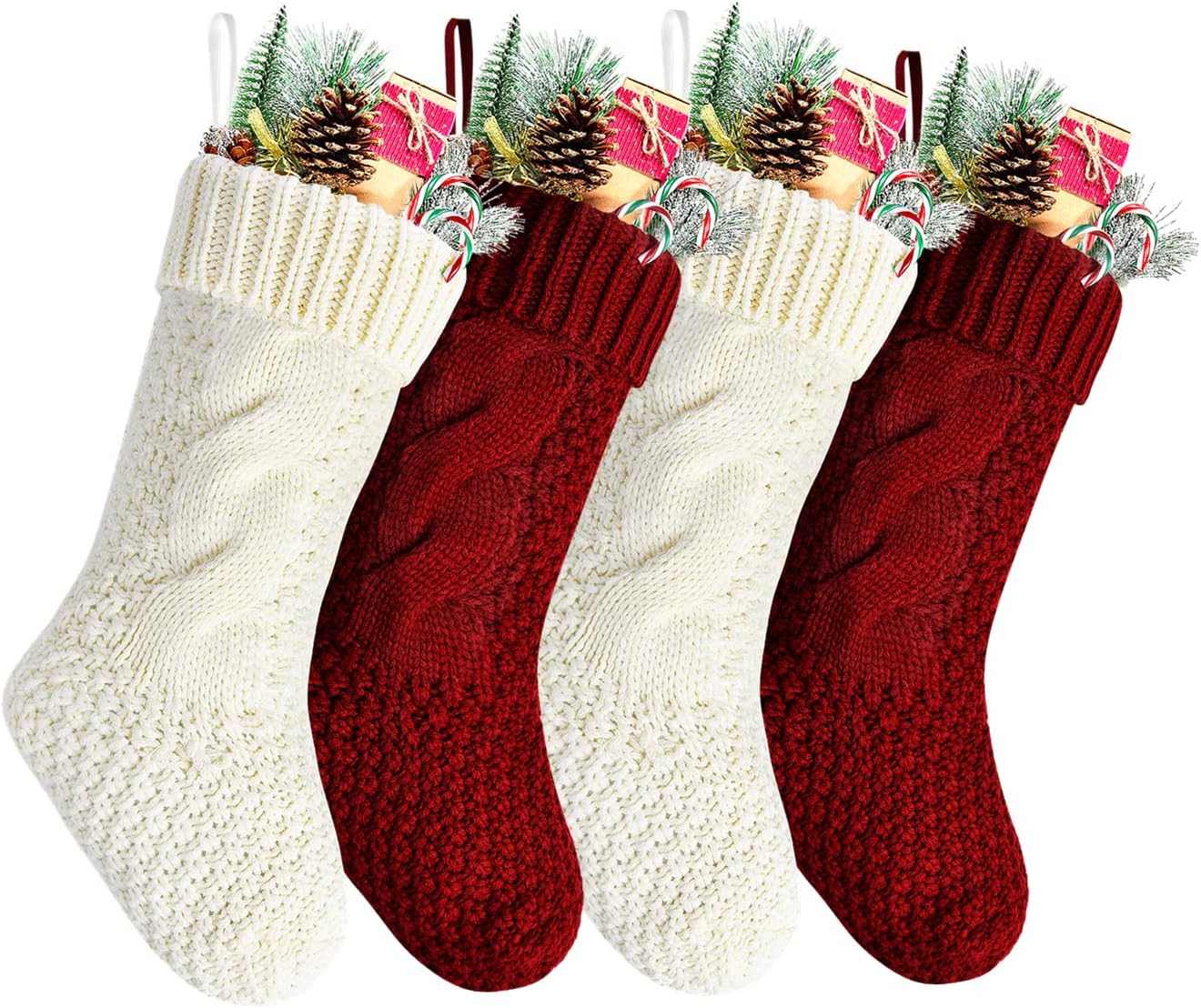 Stockings & Holders - Kunyida Pack 4, Unique Burgundy and Ivory White Knit Christmas Stockings 14