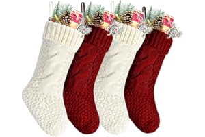 Kunyida Pack 4, Unique Burgundy and Ivory White Knit Christmas Stockings 14"