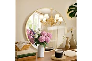 PUZONJIG Circular Mirror Gold Round Mirror 18 Inch Round Bathroom Mirror Wall Mirrors Brushed Metal Frame Anti-Rust Tempered Glass for Bathroom Bedroom Entryway Living Room