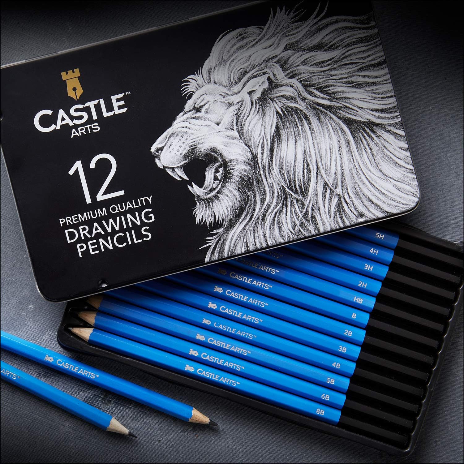 Castle Art Supplies 12 piece Drawing Pencils, Quality Graphite Sketch Pencils with BONUS tin case. Perfect Starter Sketching Pencils or Top Up Set for Art Supplies : Office Products
