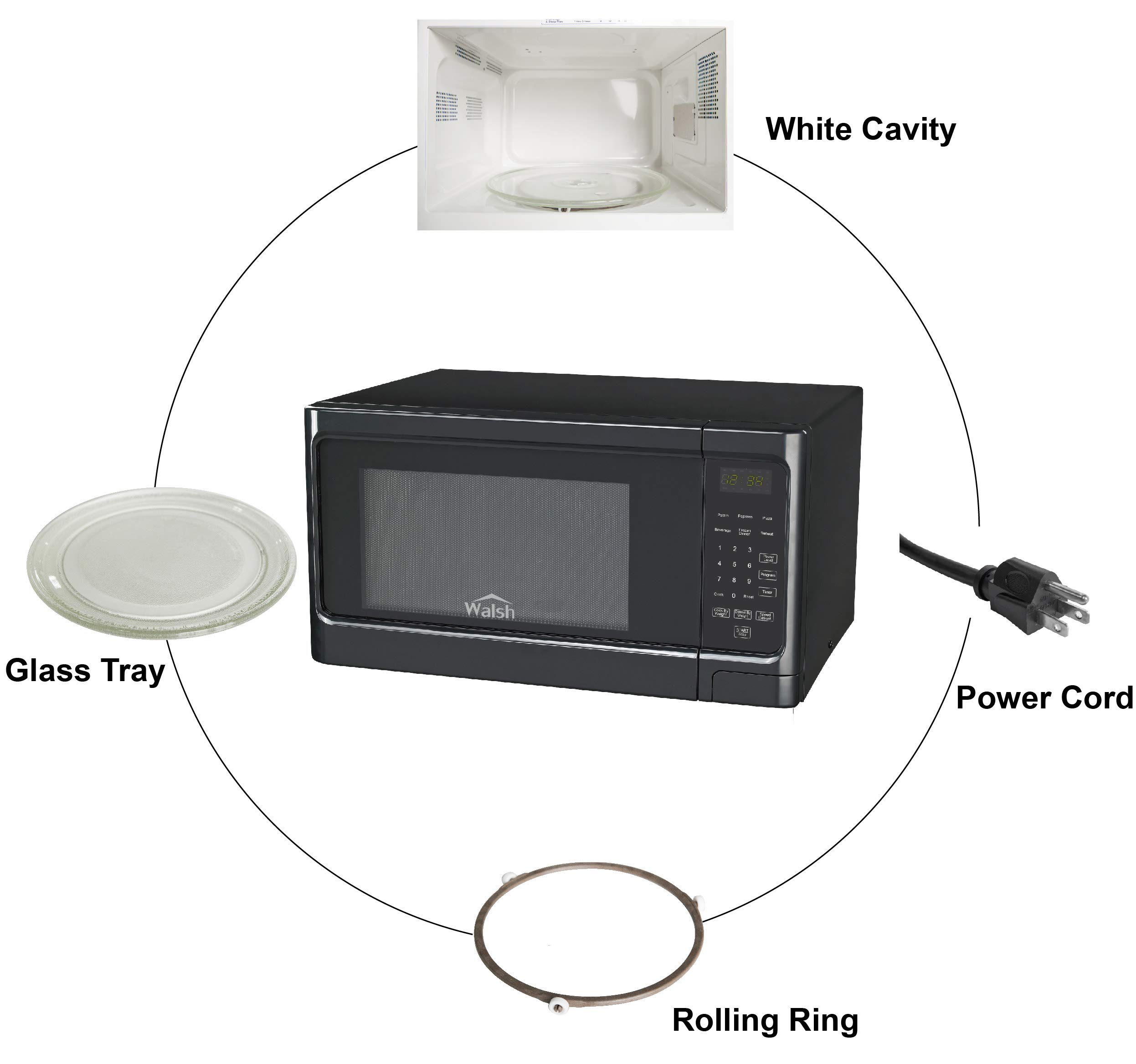 Walsh WSCMS311BK-10 Countertop Microwave Oven, 6 Cooking Programs LED Lighting Push Button, 1.1 Cu.Ft/1000W, Black