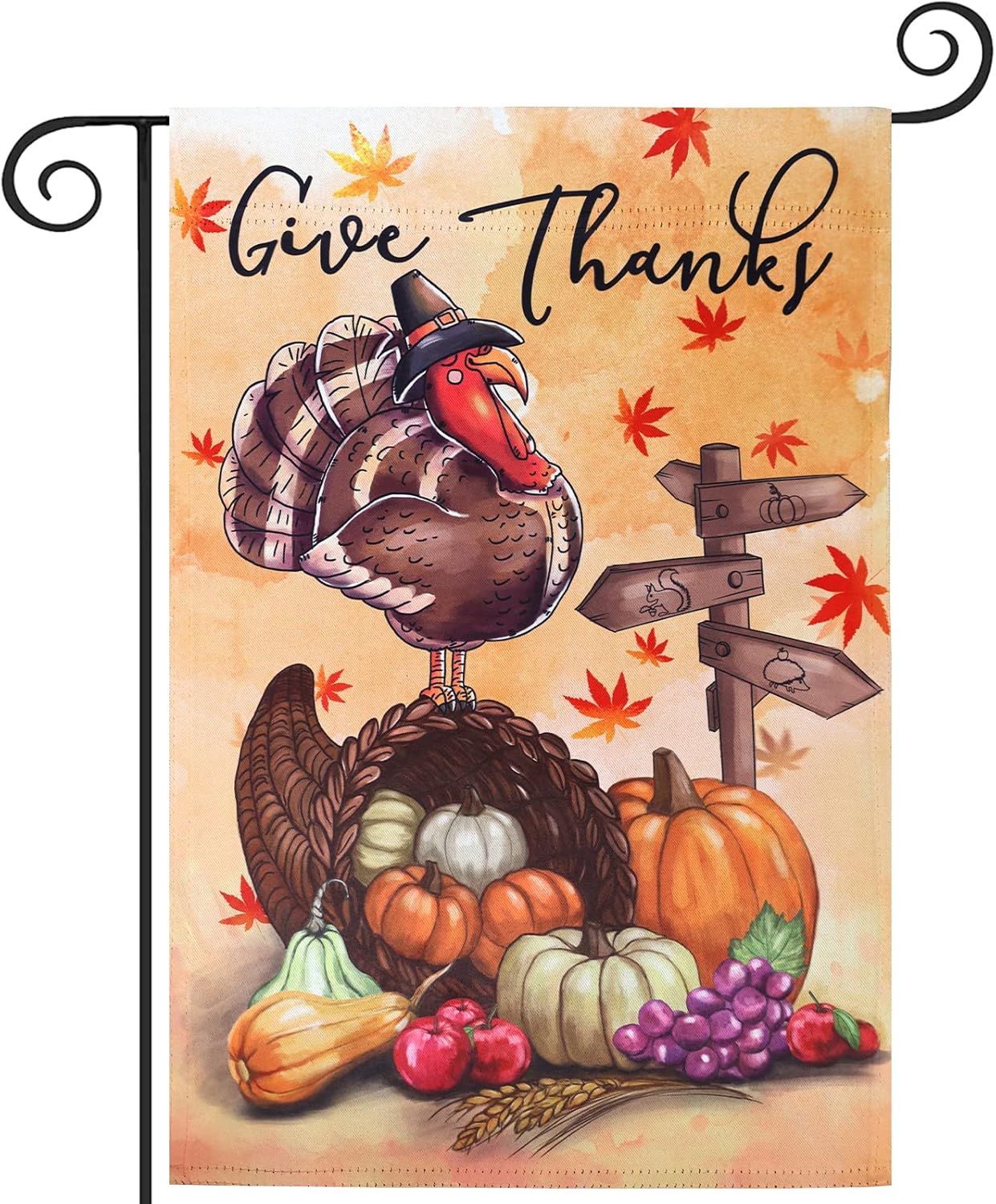 Flags - Give Thanks Thanksgiving Garden Flag, hogardeck 12.5x18 Inch Vertical Double Sided Turkey & Pumpkin Yard Flag, Thanksgiving Decorations for Outdoor with Fruits, Farmhouse Rustic Fall Decor
