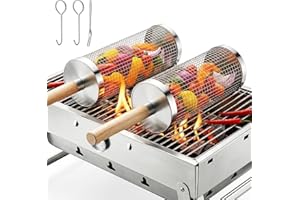 Fohil 2PCS Rolling Grill Baskets with Removable Wooden Handle, 304 Stainless Steel Rotating Grill Cage for BBQ Camping Outdoo