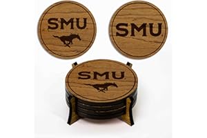 LazerEdge Southern Methodist Mustangs Wooden Coaster Set - Cherry Wood - Officially Licensed Product - 4-Pack