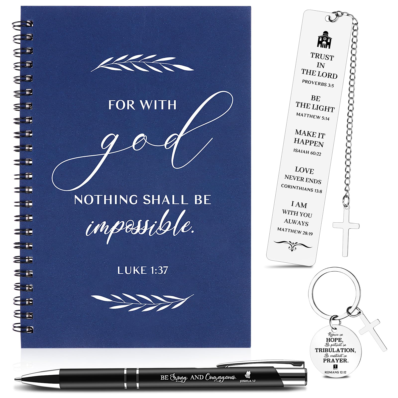 HAOWANWW 4Sets Christian Religious Gift with Christian Spiral Notebook Journal Inspirational Bible Verse Ballpoint Pen Keychain Religious Scripture Bookmarks for Women Men Sunday School Church