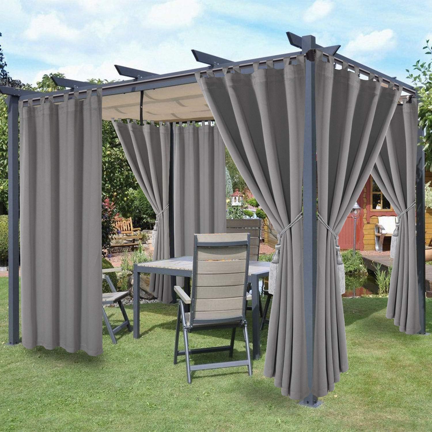 Outdoor Curtains - LORDTEX Waterproof Indoor/Outdoor Curtains for Patio - Thermal Insulated, Sun Blocking Detachable Sticky Tab Top Blackout Curtains for Bedroom, Porch, Pergola, 52 x 95 inch, 2 Panels, Veridian Grey