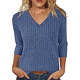 JomeDesign Sweaters for Women 3/4 Sleeve Tops V Neck Loose Casual Tunic Blouses