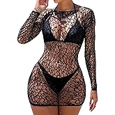 WDIRARA Women's Hollow Out Fishnet Beach Cover Up Dress Long Sleeve Sheer Mesh Bathing Suit Coverups
