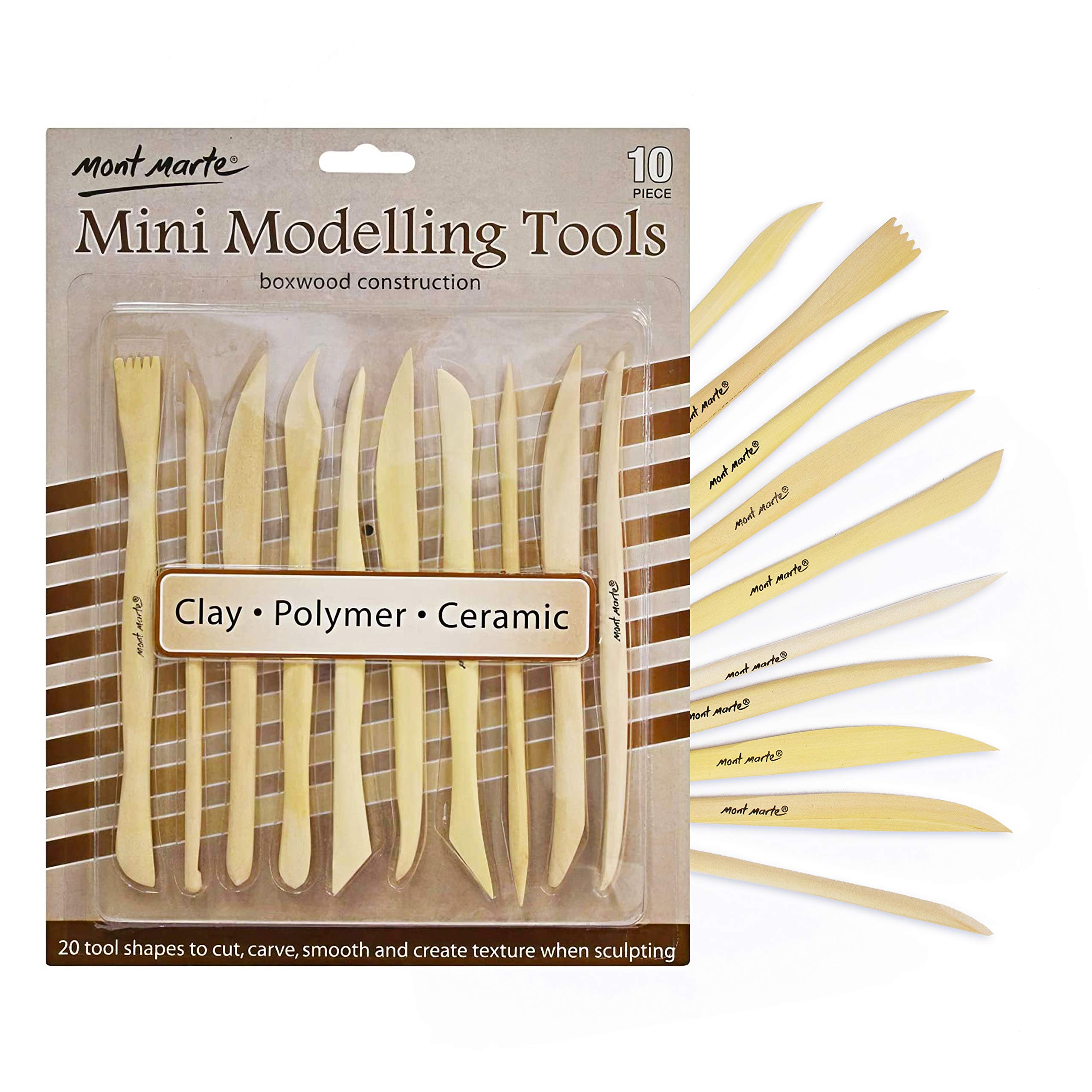 MONT MARTE Modelling Tools made of wood - 10 double-sided sculpting tools in different shapes - Ideal for working with Clay, Polymer Clay and Ceramics