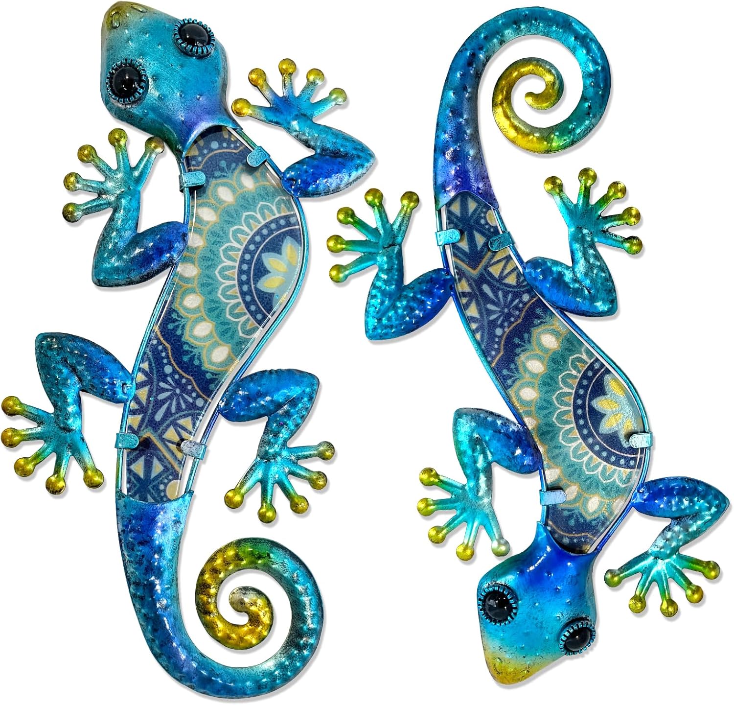 Plaques & Wall Art - HONGLAND Metal Gecko Wall Art 2Pcs Outdoor Wall Decor Lizard Metal Hanging Wall Decoration Glass Sculpture for Garden Yard Patio Fence Home (Blue)
