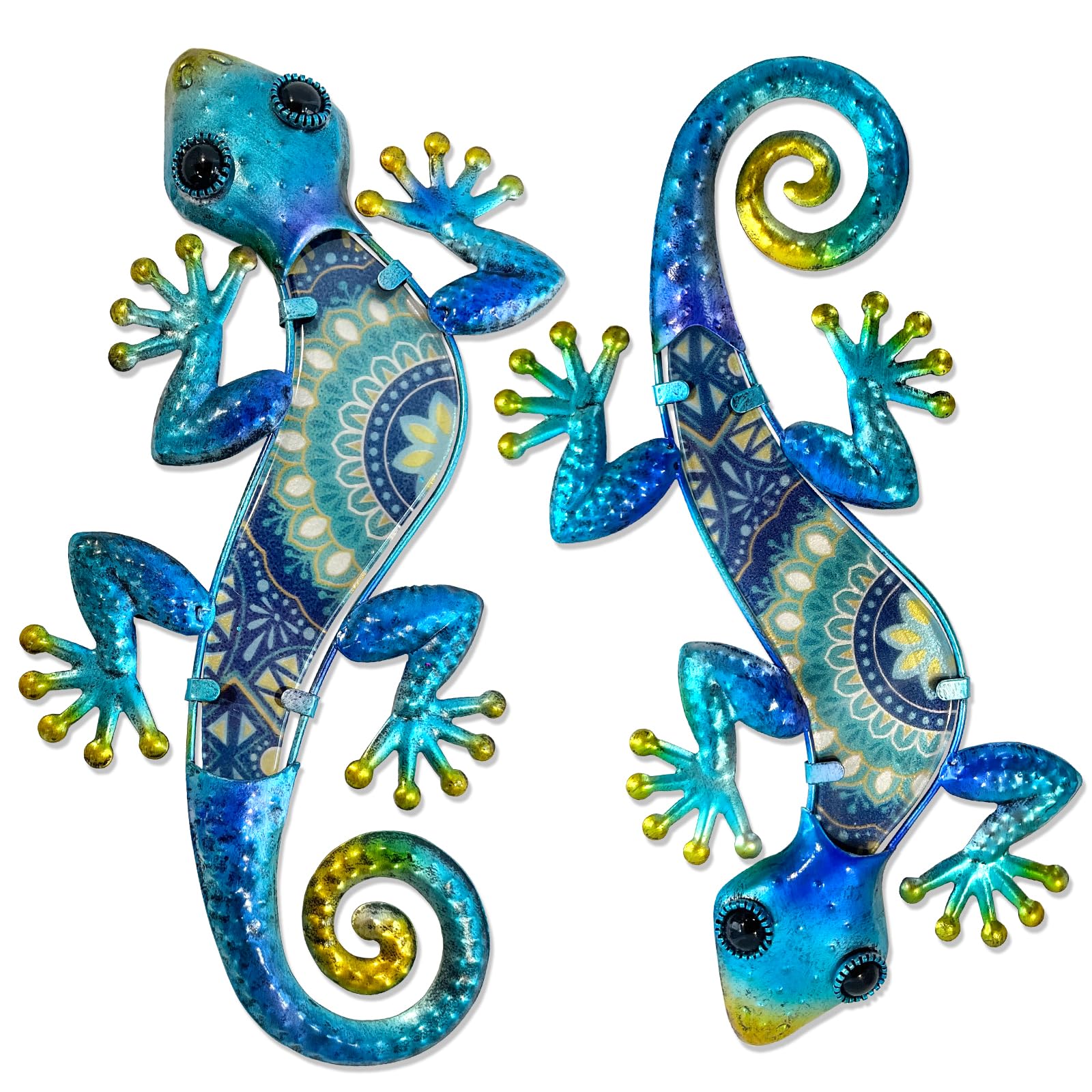 HONGLAND Metal Gecko Wall Art 2Pcs Outdoor Wall Decor Lizard Metal Hanging Wall Decoration Glass Sculpture for Garden Yard Patio Fence Home (Blue)