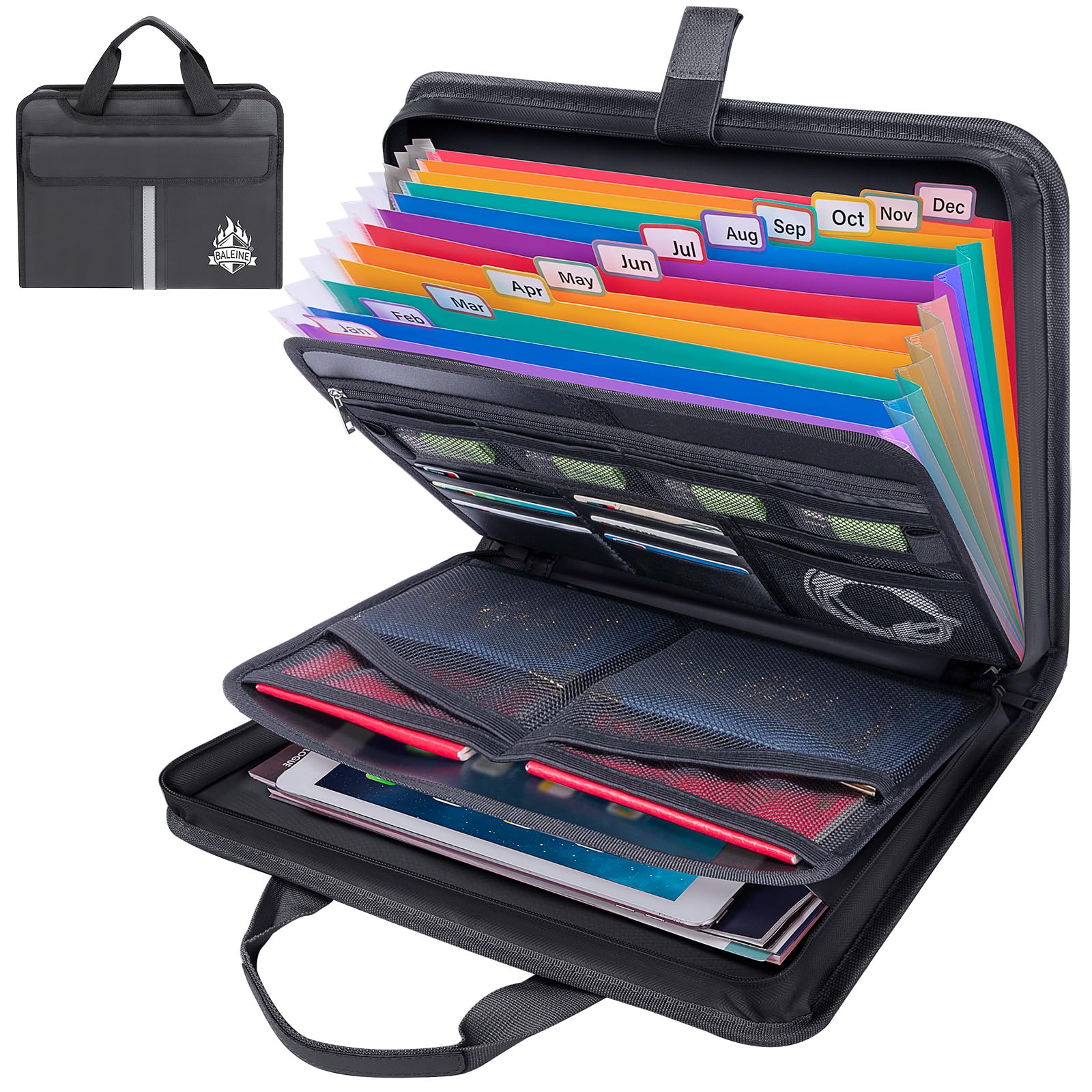 Photo 1 of BALEINE Fireproof Document Organizer with Handle, 12 Pockets PVC Accordion File Organizer with Labels, Waterproof Fireproof Document Bag for A4/Letter Files in Travel, Office, Home (Black)