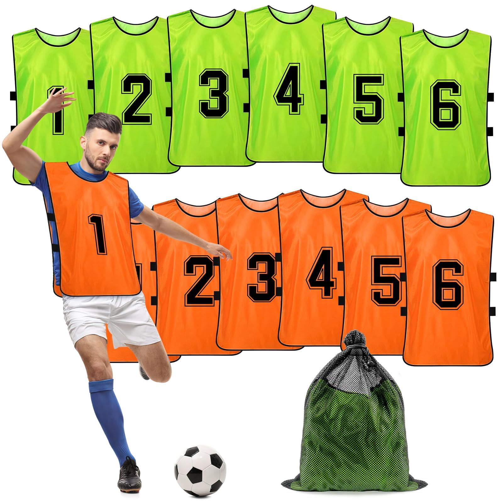 12 pcs Numbered Football Bibs for Adult, Scrimmage Training Vest, Sport Practice Vest Pennies for Soccer Basketball Football Volleyball - (Green, Orange)