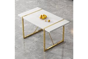 55 Inch Minimalist Retro Dining Table with White Grain MDF Top & Gold Metal Legs, Seats 4-6 for Kitchens/Dining Rooms