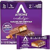 Atkins Endulge Caramel Nut Chew Bar, 2g Sugar, 5 Count | Good Source of Fiber, Peanutty Crunch with Chocolatey Coating and Smooth Caramel Flavor, Individually Wrapped 1.2oz Bars
