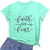 MIMOORN Womens V Neck Faith Over Fear T-Shirt Cute Summer Casual Short Sleeve Tees Tops