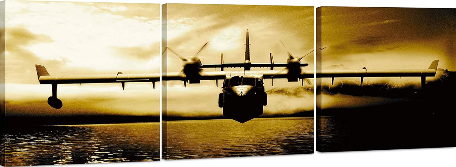 Canvas Wall Art Decor - 24x24 3 Piece Set (Total 24x72 inch)- Vintage Propeller Airplane - Large Decorative & Modern Multi Panel Split Canvas Prints for Dining & Living Room, Kitchen, Bedroom & Office