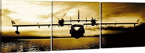 Canvas Wall Art Decor - 24x24 3 Piece Set (Total 24x72 inch)- Vintage Propeller Airplane - Large Decorative & Modern Multi Panel Split Canvas Prints for Dining & Living Room, Kitchen, Bedroom & Office