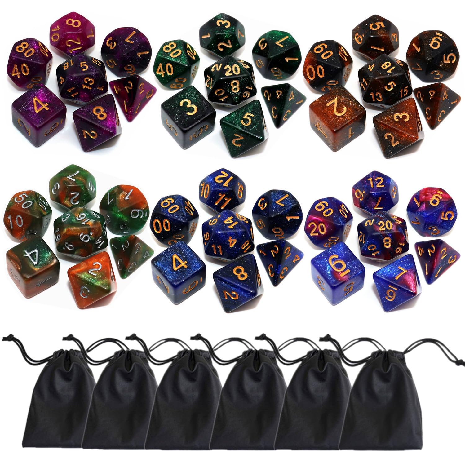 Polyhedral DND Dice Set-6 Pack Double-Colors Nebula Dice Sets Compatible with Dungeons and Dragons D&D Role Playing Game RPG Games Dice with D4 D6 D8 D10 D% D12 D20 (6 Glitter Dices)