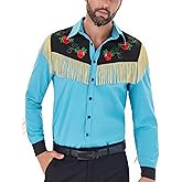 Muztagata Men's Western Cowboy Fringe Shirts Long Sleeve with Embroidered Rose Button Down Hippie Shirt