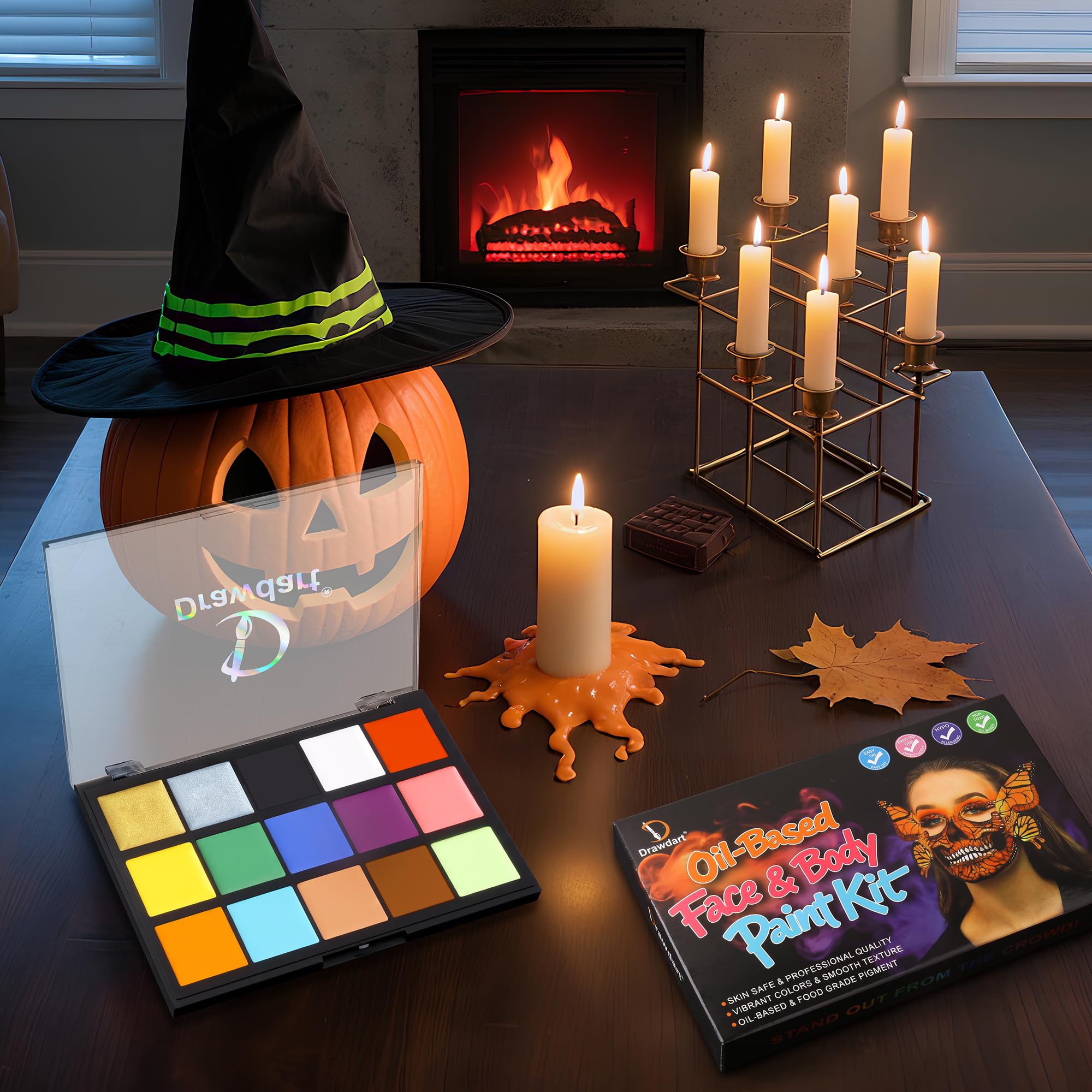 Drawdart Face Body Paint Kit, 15 Colors Face Painting Palette with 10 Pcs Artist Brushes| Facepaint Makeup Kit Ideal for Halloween SFX Cosplay Party Costume Makeup