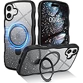 BENTOBEN Magnetic for iPhone 16 Case with Invisible Kickstand Ring [Compatible with Magsafe] Clear Glitter Curly Wavy Bumper Non-Slip Shockproof Women Men Phone Cover for iPhone 16, Black Glitter