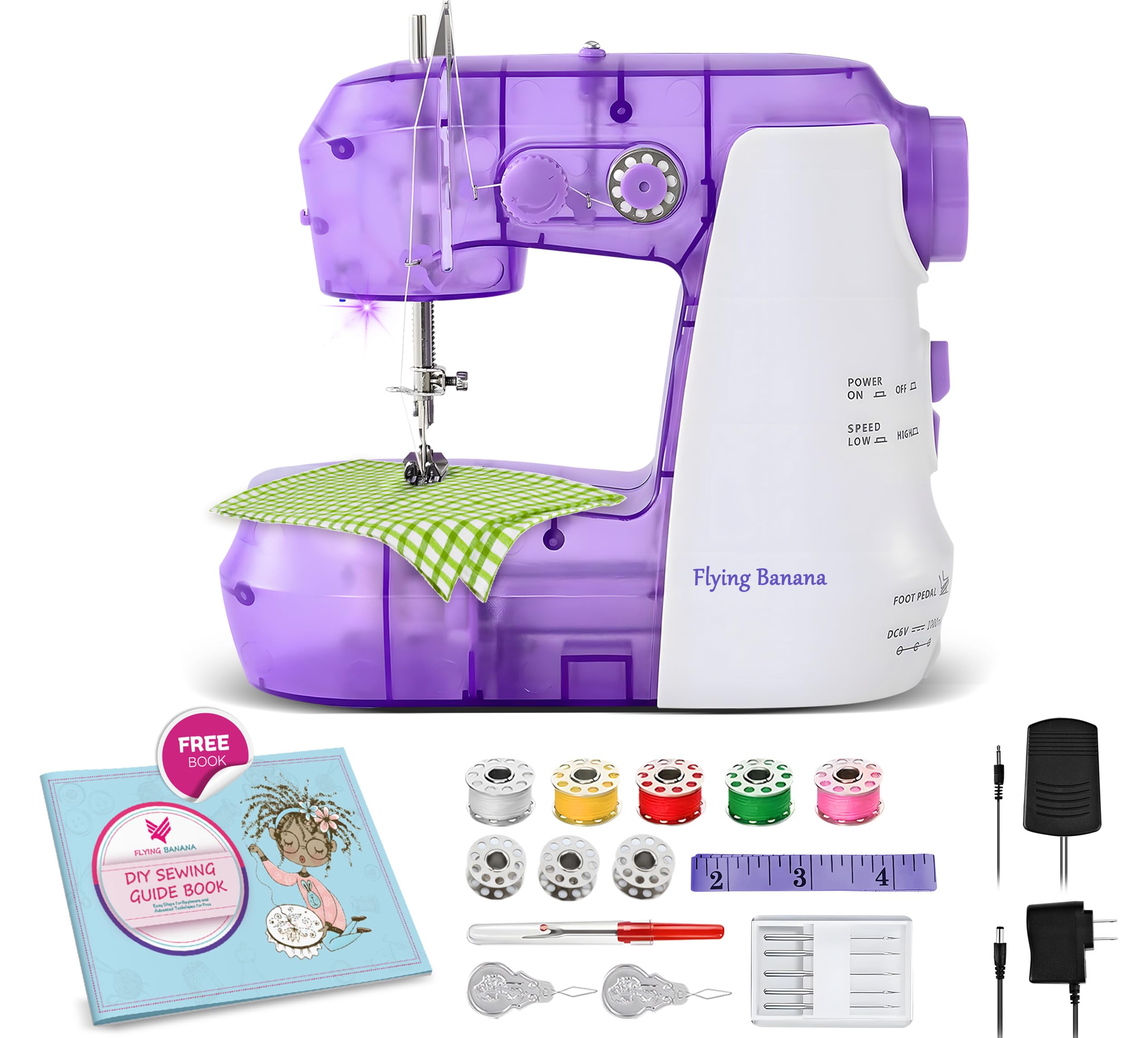 Photo 1 of Flying Banana Mini Sewing Machine for Beginners Kids, Portable Electric Dual Speed Repairing Mending Tool with Light Foot Pedal, Household Travel DIY Kit, Transparent Purple